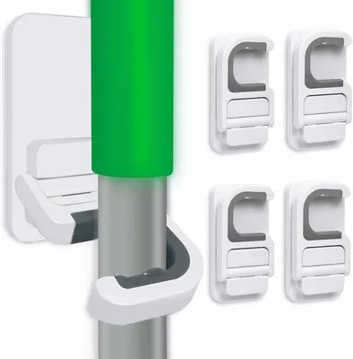 Obrázek produktu pro Sada kuchyňských doplňků – nástěnné uchycení – držák na nářadí – samolepicí – na mop a smeták – bílá – balení po 4 kusech