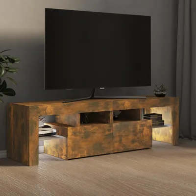 A television set placed on a wooden TV stand with LED lighting.