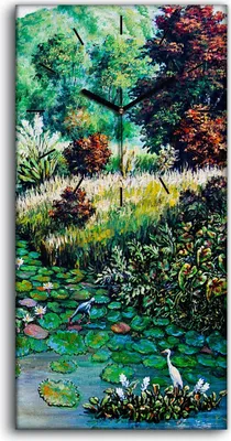 Produktbild von Dekor Leinwand Uhr Wandbilder 30x60 Gemälde Fluss Bäume Blumen Hügel Landschaft - schwarze Hände