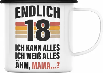 Produktbild von Trendation - 18. Geburtstag Junge Mädchen Emaille Tasse 18 Jahre alt Sohn Tochter Geschenkidee (Schwarz)