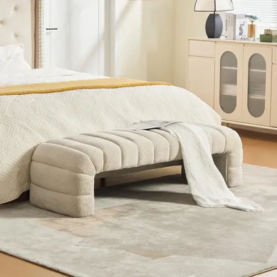 Produktbild von okwish armlehnloser Polsterbettbank mit Rillenpolsterung, Bettbank Chenille, Hocker für Schlafzimmer und Flur, Beige