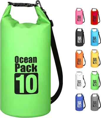 Imagen del producto de Bolsa impermeable de 10 litros, color verde, con correa de hombro ajustable, ideal para actividades al aire libre
