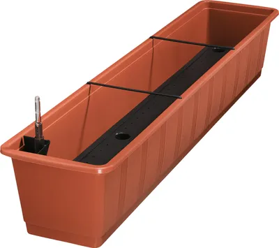 A terracotta-colored plastic planter box with a black watering system insert and two black support bars.