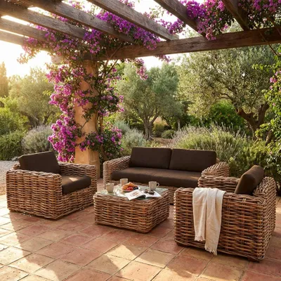 Immagine prodotto di Milani Home - Salotto Da Giardino Completo Di Cuscini Intreccio In Rattan Naturale - Marrone