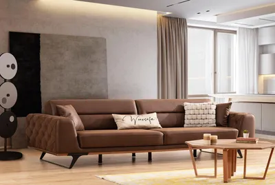 Image de Canapé Chesterfield quatre places en similicuir marron Canapé 4 places rembourré