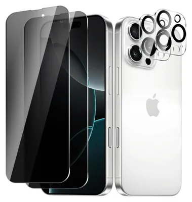 A white iPhone with screen protectors and camera lens protectors displayed.