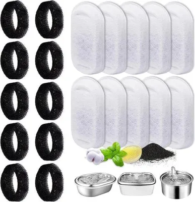 Produktbild von 20 Stück Katzenfonteinfilters - 10 Kohlenstofffilter und 10 Schümfilters - geeignet für 32 l Edelstahl-Wasserfontäne mit Harz und Aktivkohle
