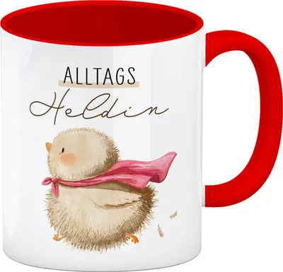 Produktbild von Küken Kaffeebecher in rot mit Spruch Alltagsheldin