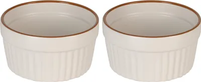 Two white ramekins with brown rims are shown side-by-side against a white background.