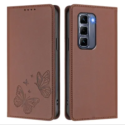 Produktbild von Lederhülle für Infinix Hot 50 Pro+ 4G, Schmetterling Prägung Leder Brieftasche Schutzhülle mit Ständer Braun