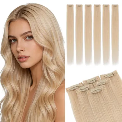 Immagine prodotto di Clip-in per extension di capelli naturali, 6 pezzi, 30 cm, biondo platino (#60), 33g