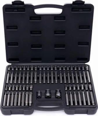 An open black tool case filled with various metal bits.