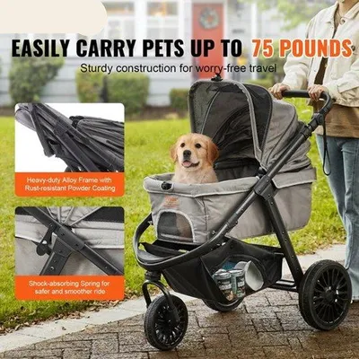Productafbeelding van Hondenbuggy - Lichtgewicht - Kinderwagen - geschikt voor honden en katten - Opvouwbaar - met remmen - Verstelbare handgreep - en opbergruimte - Duurzaam en ademend - Zwart