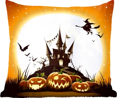 Produktbild von MuchoWow® Zierkissen Sofakissen Wohnzimmer Dekokissen 50x50 cm Eine Illustration einer Hexe, die zu Halloween über ein Schloss fliegt - Komfort - Sofakissen