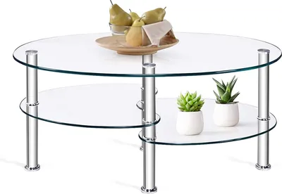 Produktbild von Couchtisch Glass oval, Sofatisch mit Metallgestell und dicken gehärteten Glas, Glastisch mit DREI Schichten Stauraum, Beistelltisch im Moderne Stil, ideal für Wohnzimmer & Büro (Transparent)