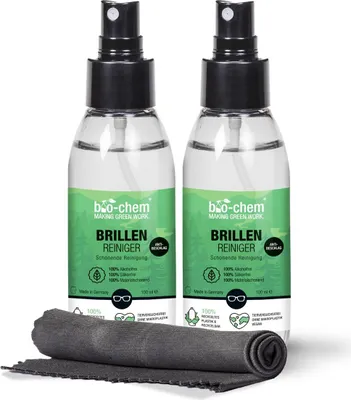 Produktbild von bio-chem Brillenreiniger mit ANTI-BESCHLAG-Funktion, Schutz vor beschlagenen Brillen, Anti-Fog-Spray, 2x 100 ml Sprayflasche (200 ml) + Premium Mikrofasertuch/Brillenputztuch