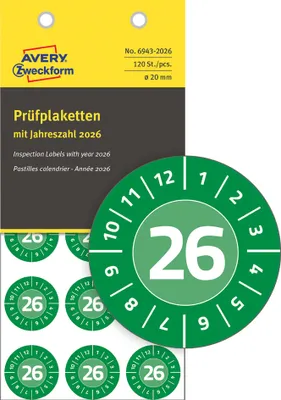 Produktbild von AVERY Zweckform Prüfplaketten 2026 Vinyl grün 30 mm 80 Etiketten