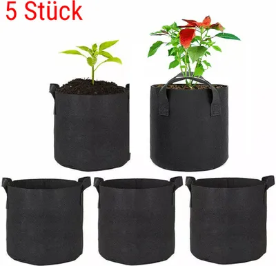 A product shot of five black fabric grow bags, two of which contain small plants.