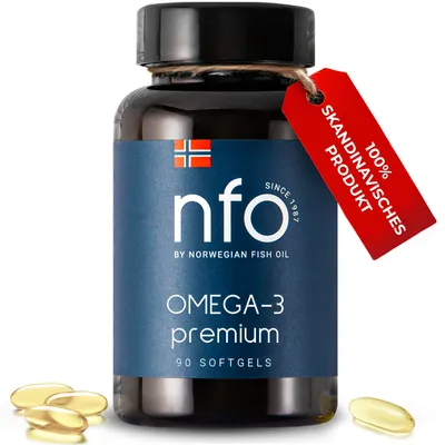 Produktbild von NFO Omega-3 Premium – Fischöl Kapseln mit EPA, DHA und Vitamin E für Herz und Gehirn [90 Softgel-Kapseln]
