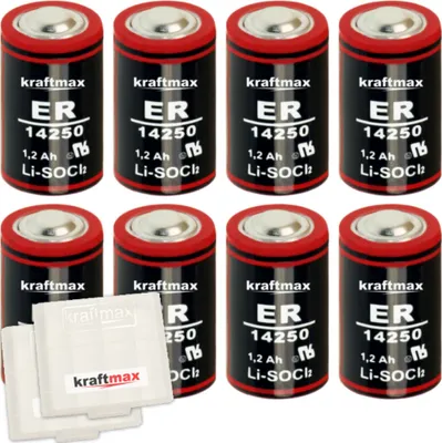Produktbild von 8x Kraftmax LS 14250 3,6V Hochleistungs- Batterie 1/2 AA / Mignon - LS14250 Lithium / Li-SOCl2 Batterien mit extrem hoher Energiedichte - NEUSTE VERSION - inklusive Schutzbox