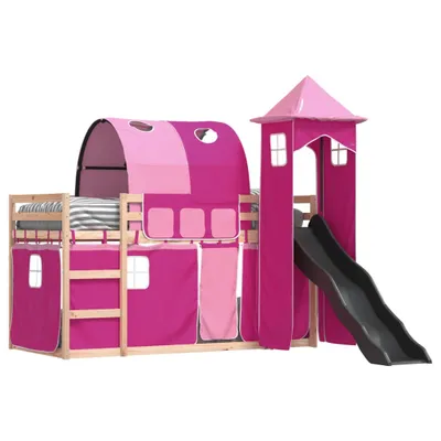 Immagine prodotto di vidaXL Letto a castello con scivolo e tende Rosa 90x190 cm