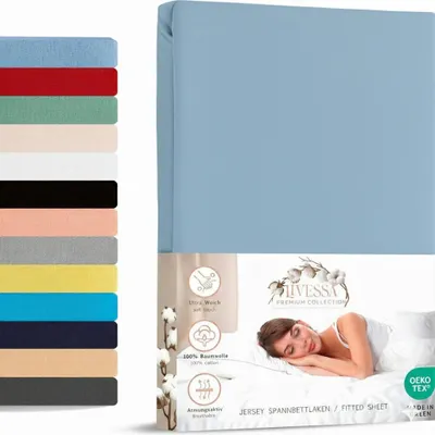 A product packaging for a fitted sheet, showing a woman sleeping on a bed.
