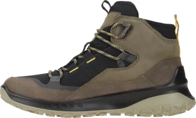 Side view of a single hiking boot against a white background.