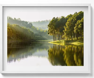 Produktbild von Grüne Flusslandschaft– Wandbild mit Rahmen – Gerahmtes Bild  – Wanddekoration – 80x60 cm –  Weiß Rahmen