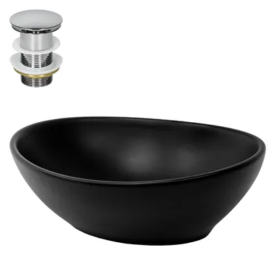 Obrázek produktu pro LuxeBath umyvadlo Oválné umyvadlo na desku, 41x33,5x14,5 cm, černé matné, z keramiky, včetně odtokové soupravy bez přepadu