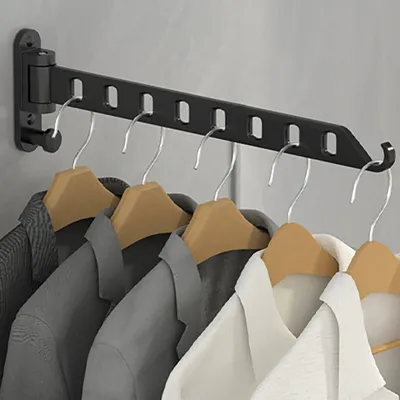 Produktbild von Wandmontierter, klappbarer Kleiderständer mit um 180° drehbaren Kleiderhaken, Kleiderstange, Wandhaken, Hakenleiste, Garderobenhaken, Kleiderständer für Balkon, Waschküche, Badezimmer (schwarz, 8 Löcher)