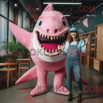 Imagen del producto de Personaje REDBROKOLY mascota de un Megalodon rosa vestido con jeans y corbatas Mom