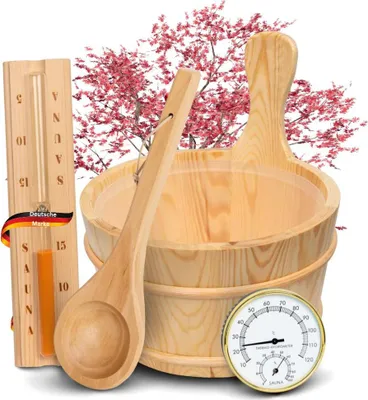 Produktbild von DELUKE® Sauna Eimer mit Kelle [4-tlg.] - Saunakübel, Sanduhr & Thermometer | Sauna Zubehör Wellness Aufguss Komplett Paket - Saunaeimer Set