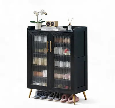 Produktbild von Schuhschrank 2 Tš¹ren Strukturglas Schuhkipper Flur Diele Schwarz Holzoptik