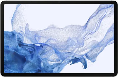 A tablet computer displaying a blue abstract wallpaper.