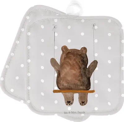 Produktbild von Mr. & Mrs. Panda Topfuntersetzer Bär Schaukel - Grau Pastell - Geschenk, Doppel Topflappen, Kochlappen, Set, topfhalter, Teddy