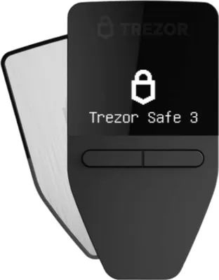 A Trezor Safe 3 hardware wallet is shown against a white background.