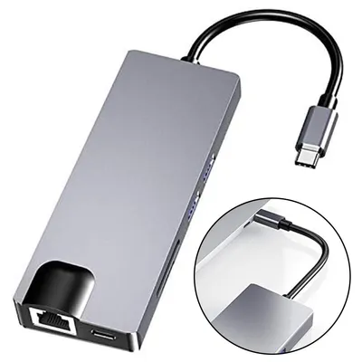 Produktbild von USB C Hub Multiport Adapter, HW-TC12 8-in-1 Typ-C/USB-C Multifunktions-Erweiterungs-Hub-Adapter HDMI/VGA-Hub Kartenleser + Netzwerkkarte