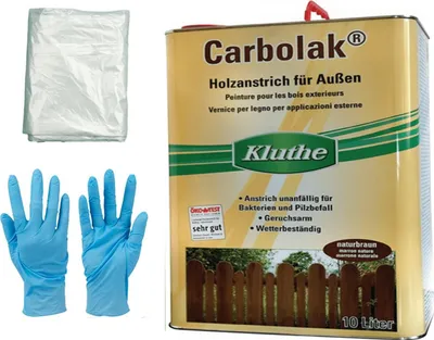 Produktbild von 10 Liter Kluthe Holzanstrich Carbolak inkl. 4x5m Abdeckfolie und 1 Paar Nitrilhandschuhe von E-Com24