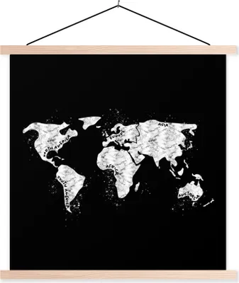 Produktbild von MuchoWow® Textilposter Weltkarte - Marmor - Schwarz - Weiß 120x120 cm mit holzfarbenen Rahmen - Textil-Poster