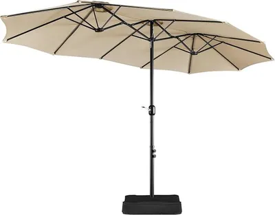 Imagen del producto de Sombrilla con base. Gran sombrilla para terraza, 385 x 240 cm, con base para protección solar, ideal para balcón, terraza o jardín. Sombrilla rectangular con protección UV 50+, color marrón claro