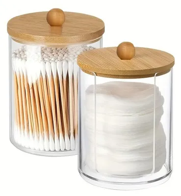 Imagen del producto de Soporte para bastoncillos 2 piezas - Caja de almacenamiento transparente con tapa - Almacenamiento de cosméticos - Dispensador de discos de algodón - Almacenamiento de plástico para baño - Práctico y