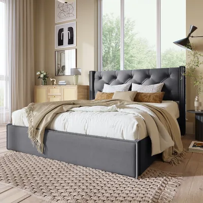 Produktbild von okwish Hydraulisch Doppelbett Polsterbett 140x200cm, Bett mit Lattenrost aus Metallrahmen, Modernes Bettgestell mit Stauraum Grau(ohne Matratze)