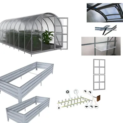 Obrázek produktu pro Skleníková sada KLASIKA 3x6 m – 6 mm polykarbonát, přídavné dveře, police, zavlažovací systém, 2 vyvýšené záhony, střešní okno s automatickým otvírače