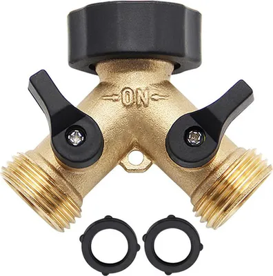 A brass Y-shaped hose splitter with black handles and a black cap, shown with two black hose washers.