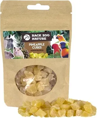 A bag of dried pineapple cubes for pets, with images of small animals and birds on the label.