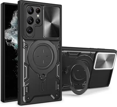 Produktbild von Handyhülle für Samsung Galaxy S22 Ultra 5G Dual-Layer Stoßfest Rüstung Hülle mit Dia Kameraschutz und Kreisförmig Ring Ständer Schwarz