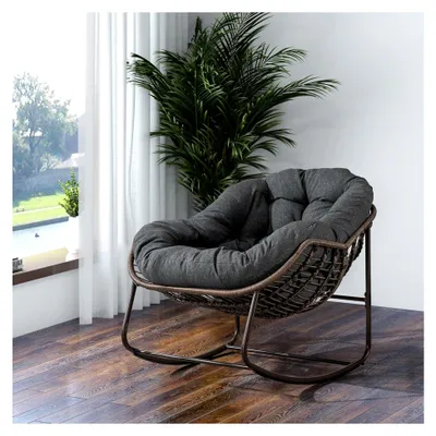 Produktbild von Ei-Schaukelstuhl für den Außenbereich aus Dunkelgrau Rattan | Relaxsessel und Loungesessel für Garten, Terrasse und Balkon