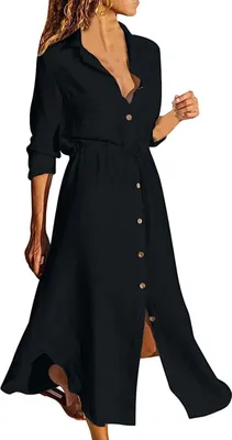 Produktbild von ASKSA Damen Freizeitkleider Sommer Knopf Langarm Shirtkleid  Lockeres Solides Midi Kleid mit Kordelzug, Schwarz, 3XL
