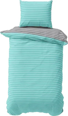 Produktbild von Bettwäsche 155x220 cm Baumwolle Türkis Grau gestreift Stripe Damast Bettbezug PolyBaumwolle Wendebettwäsche