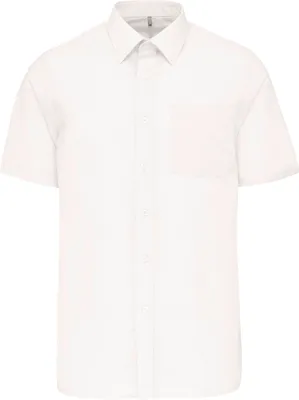 A white short-sleeved button-up shirt for men is shown against a white background.
